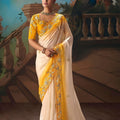 Ivory Mustard Yellow Embroidered Silk Saree with Zari Work