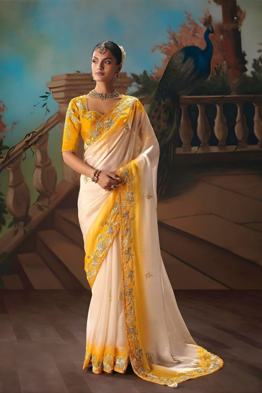 Ivory Mustard Yellow Embroidered Silk Saree with Zari Work