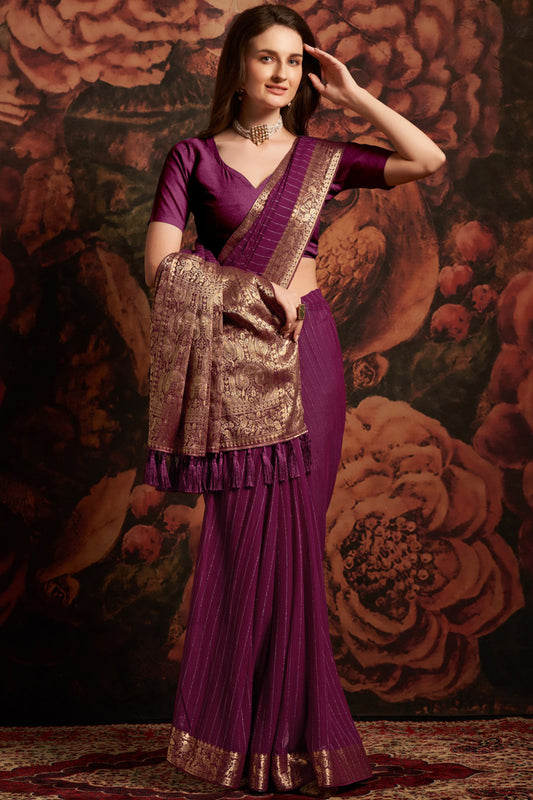 Elegant Purple Banarasi Silk Saree with Rich Golden Zari Weaving