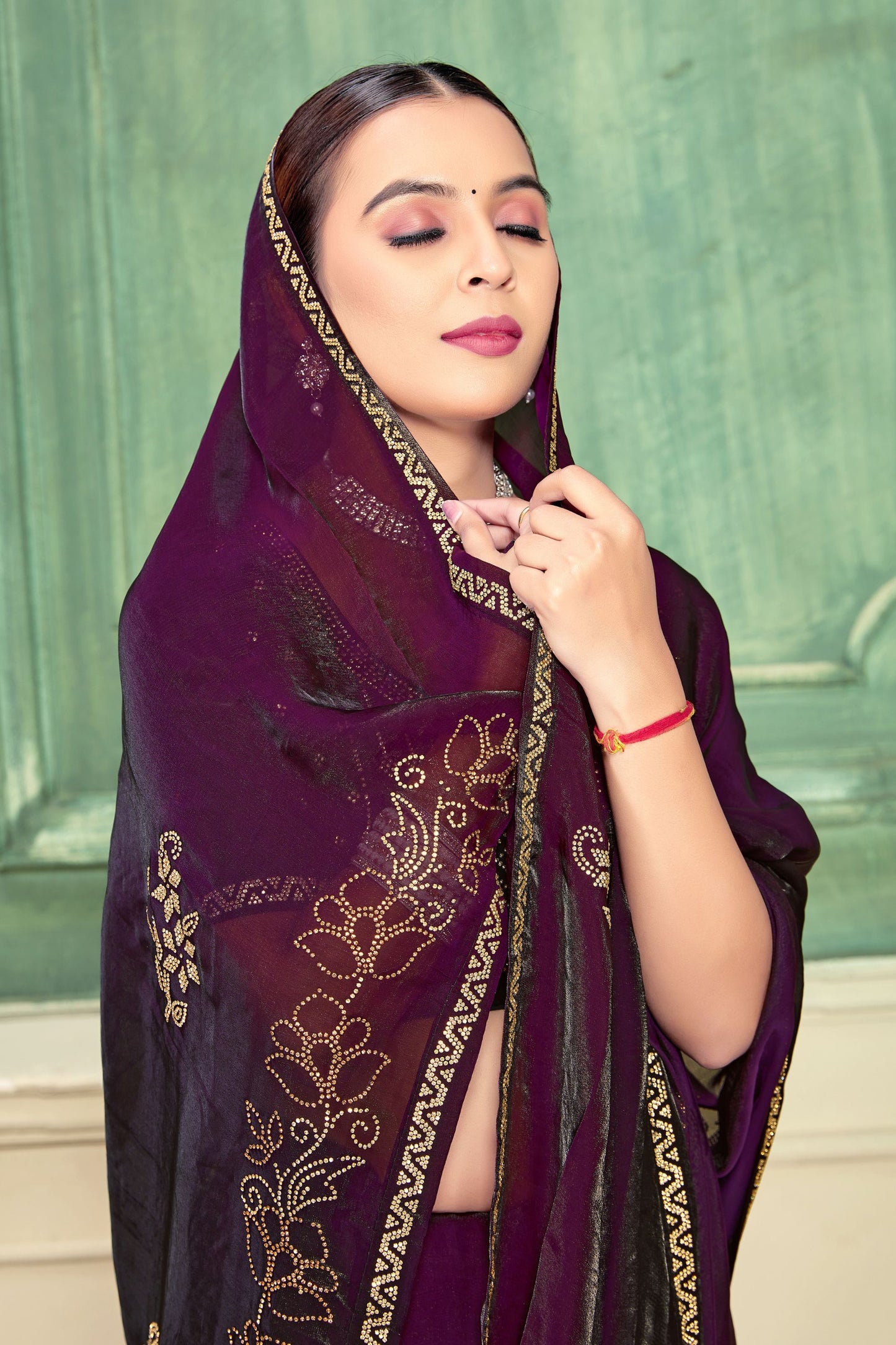 Black Purple Velvet Saree and Contrast Pallu Festive Wear
