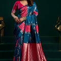 Teal Blue Soft Silk Saree with Pink Contrast Border 