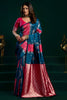 Teal Blue Soft Silk Saree with Pink Contrast Border 