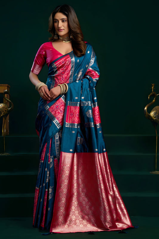 Teal Blue Soft Silk Saree with Pink Contrast Border 