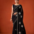 Black Embroidered Georgette Saree Floral Motifs Designer Border