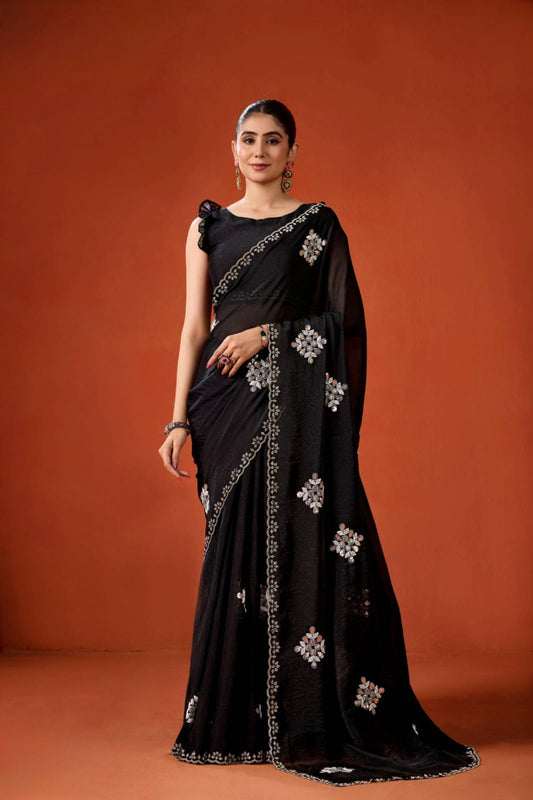 Black Embroidered Georgette Saree Floral Motifs Designer Border