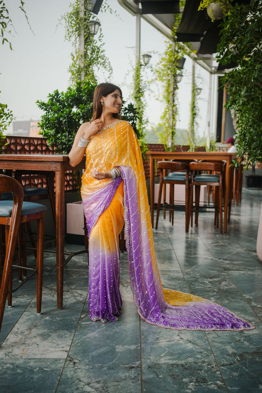 Yellow Purple Ombre Sequins Saree Contrast Border Designer Party Wear