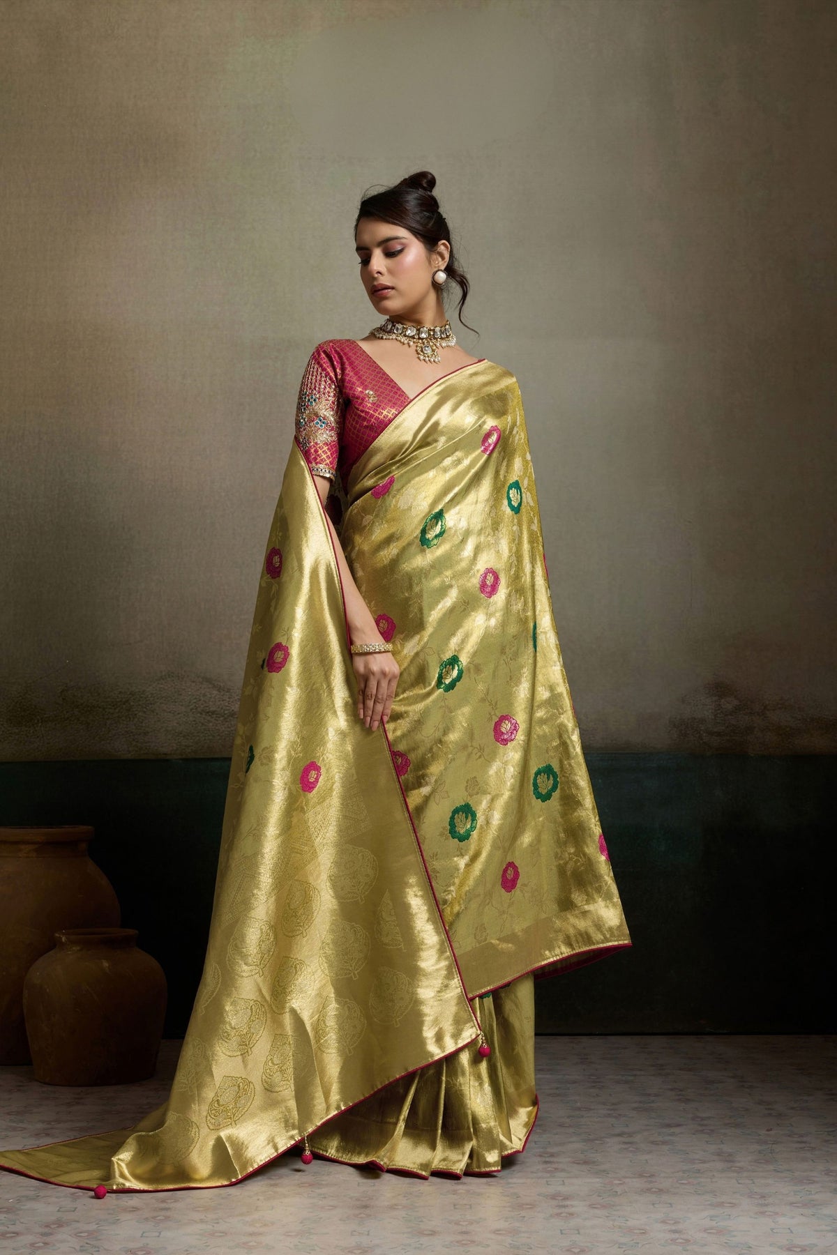 Elegant Olive Green Tissue Banarasi Silk Jacquard Saree with Meenakari Work for Women