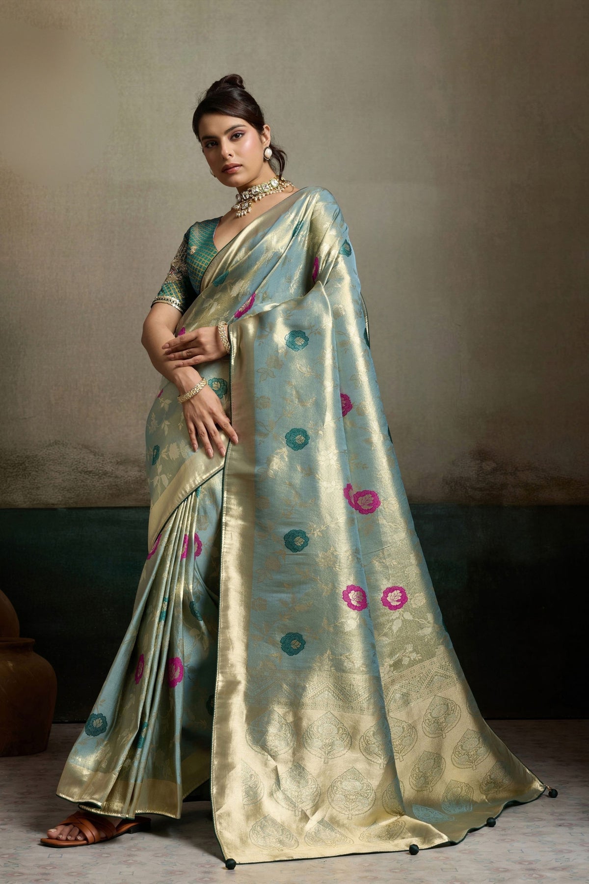 Royal Aqua Blue Tissue Banarasi Silk Jacquard Saree Meenakari Work for Women
