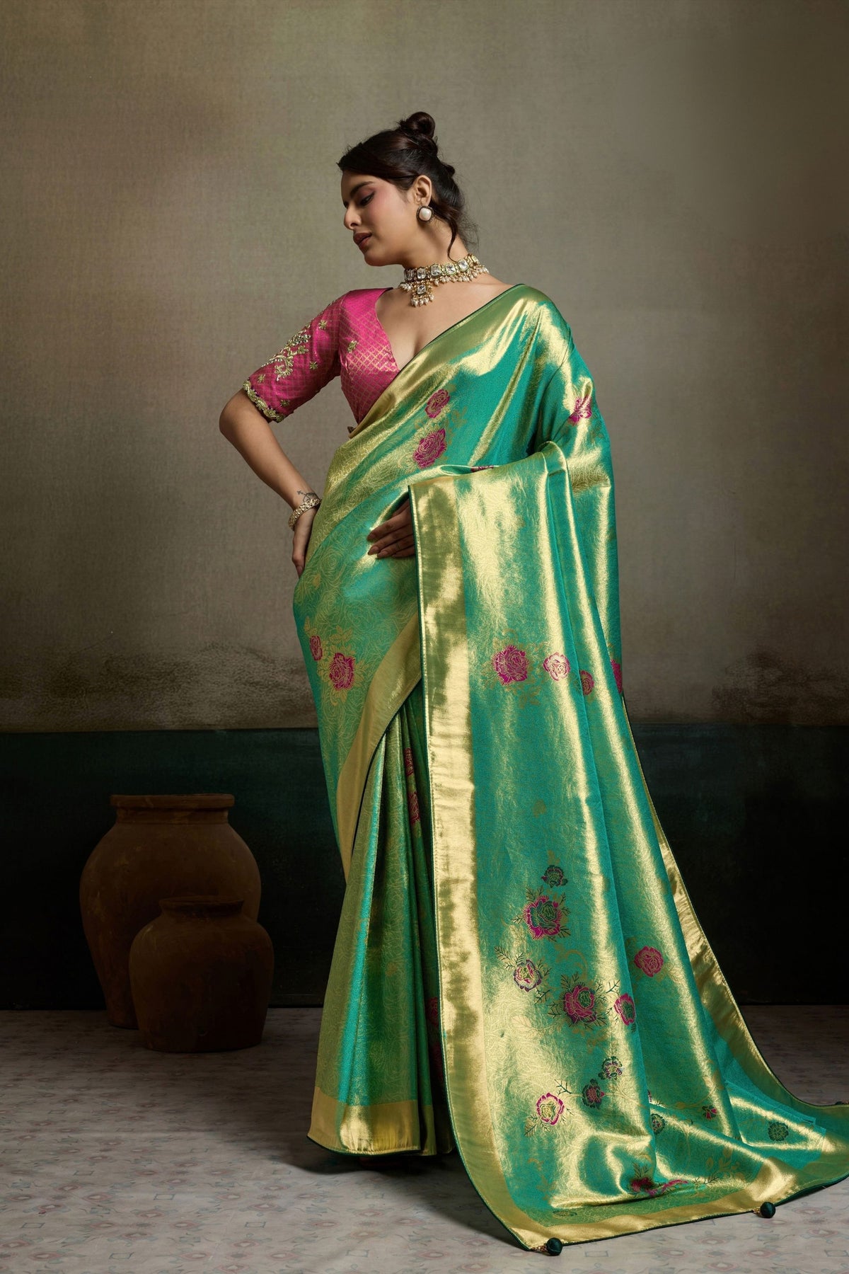 Graceful Teal Green Tissue Banarasi Silk Jacquard Saree with Meenakari Work for Women