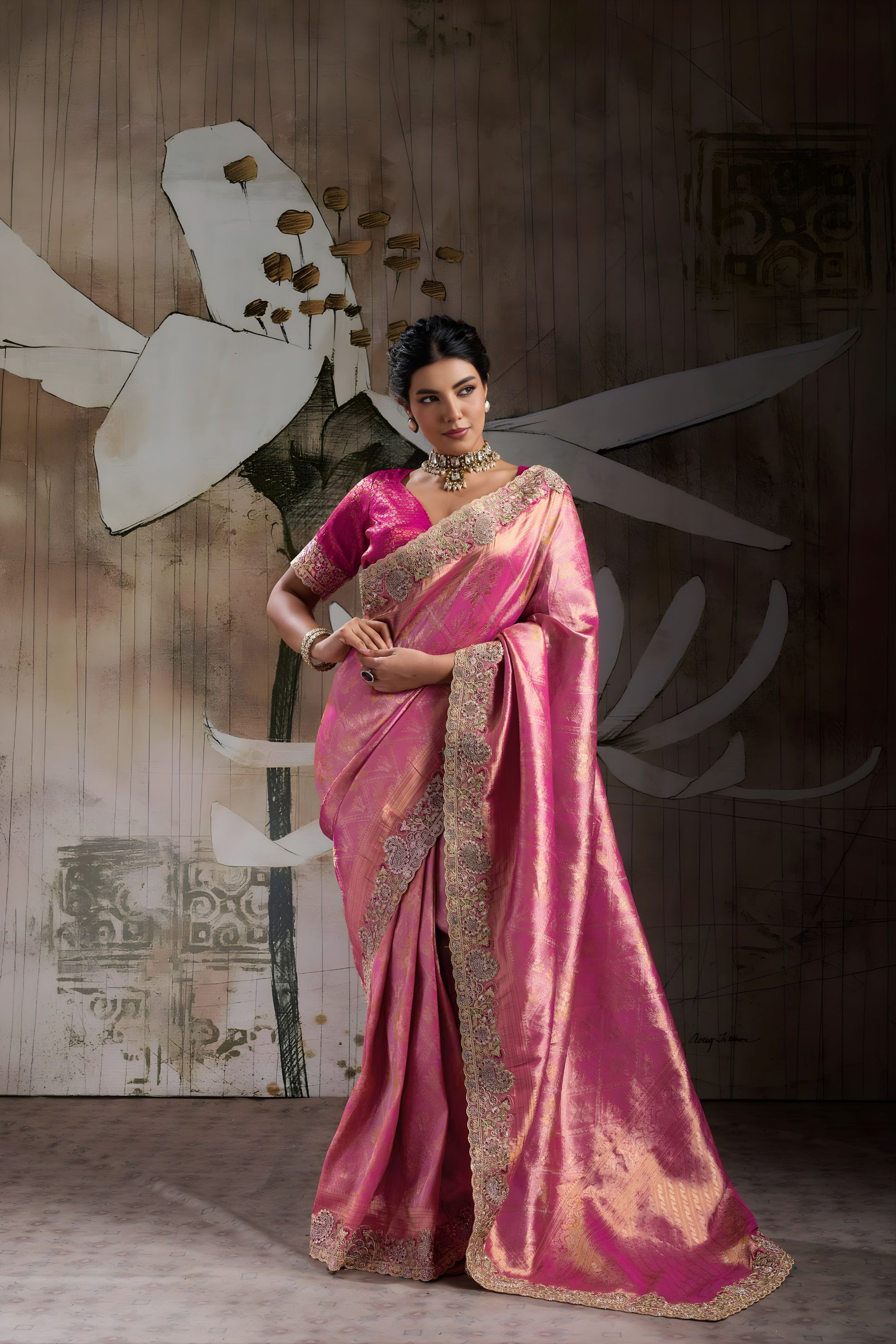 Luxury Rani Pink Banarasi Jacquard Silk Sequins Embroidered Saree for Wedding