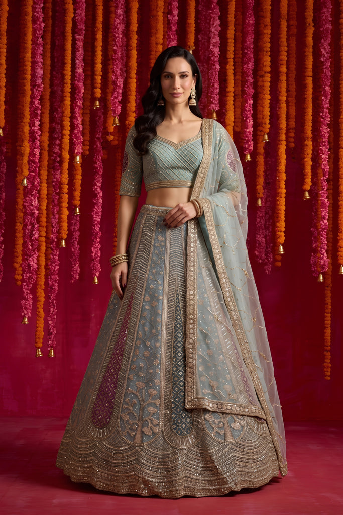 Exquisite Sky Blue Net Designer Lehenga Choli with Beads Work and Dupatta for Women