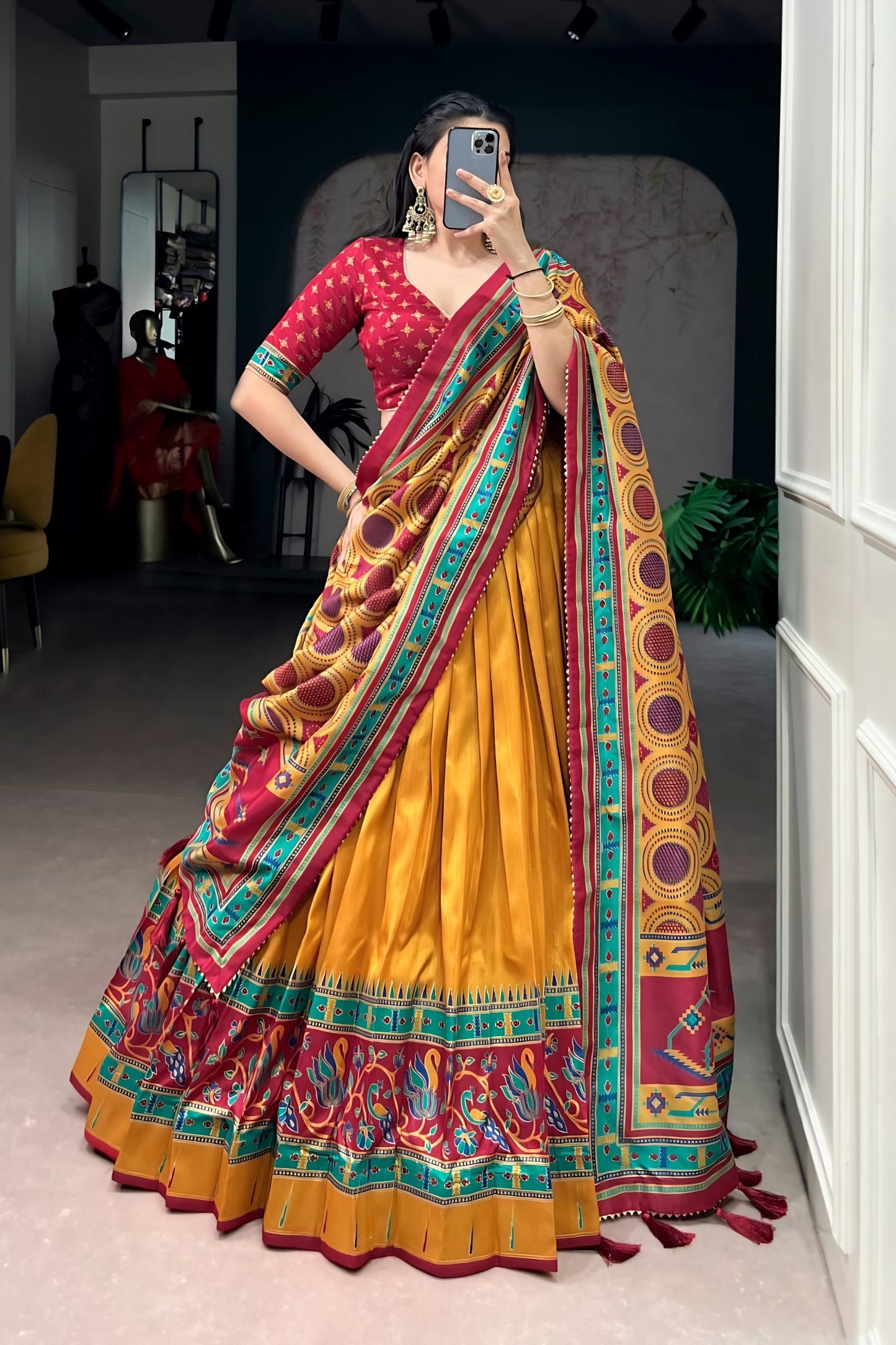 Premium Mustard Yellow Tasar Silk Semi-Stitched Lehenga Choli with Printed Dupatta