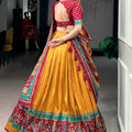 Premium Mustard Yellow Tasar Silk Semi-Stitched Lehenga Choli with Printed Dupatta
