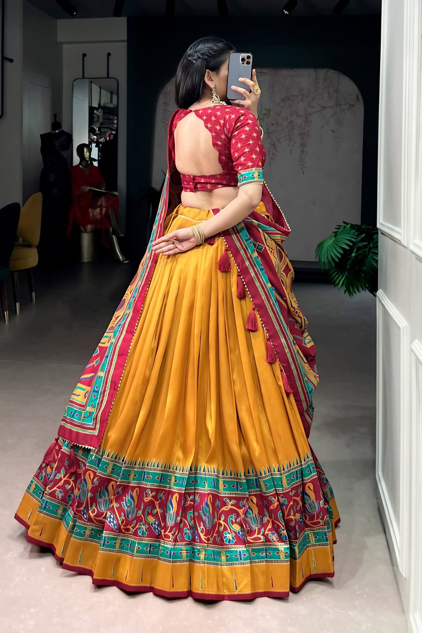 Premium Mustard Yellow Tasar Silk Semi-Stitched Lehenga Choli with Printed Dupatta