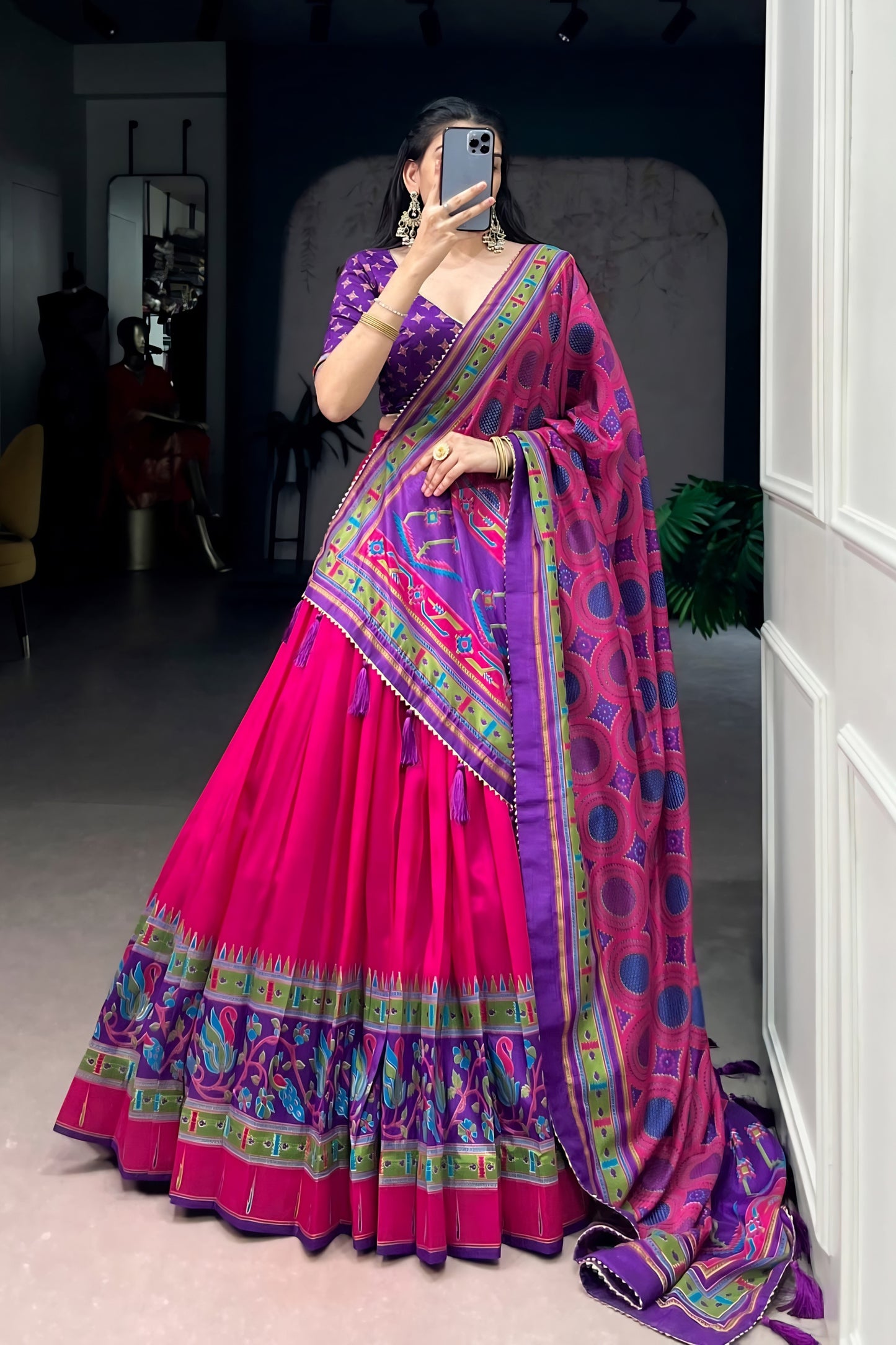 Vibrant Rani Pink and Purple Tasar Silk Semi-Stitched Lehenga Choli with Printed Dupatta