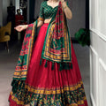Stunning Red and Green Tasar Silk Semi-Stitched Lehenga Choli with Printed Dupatta