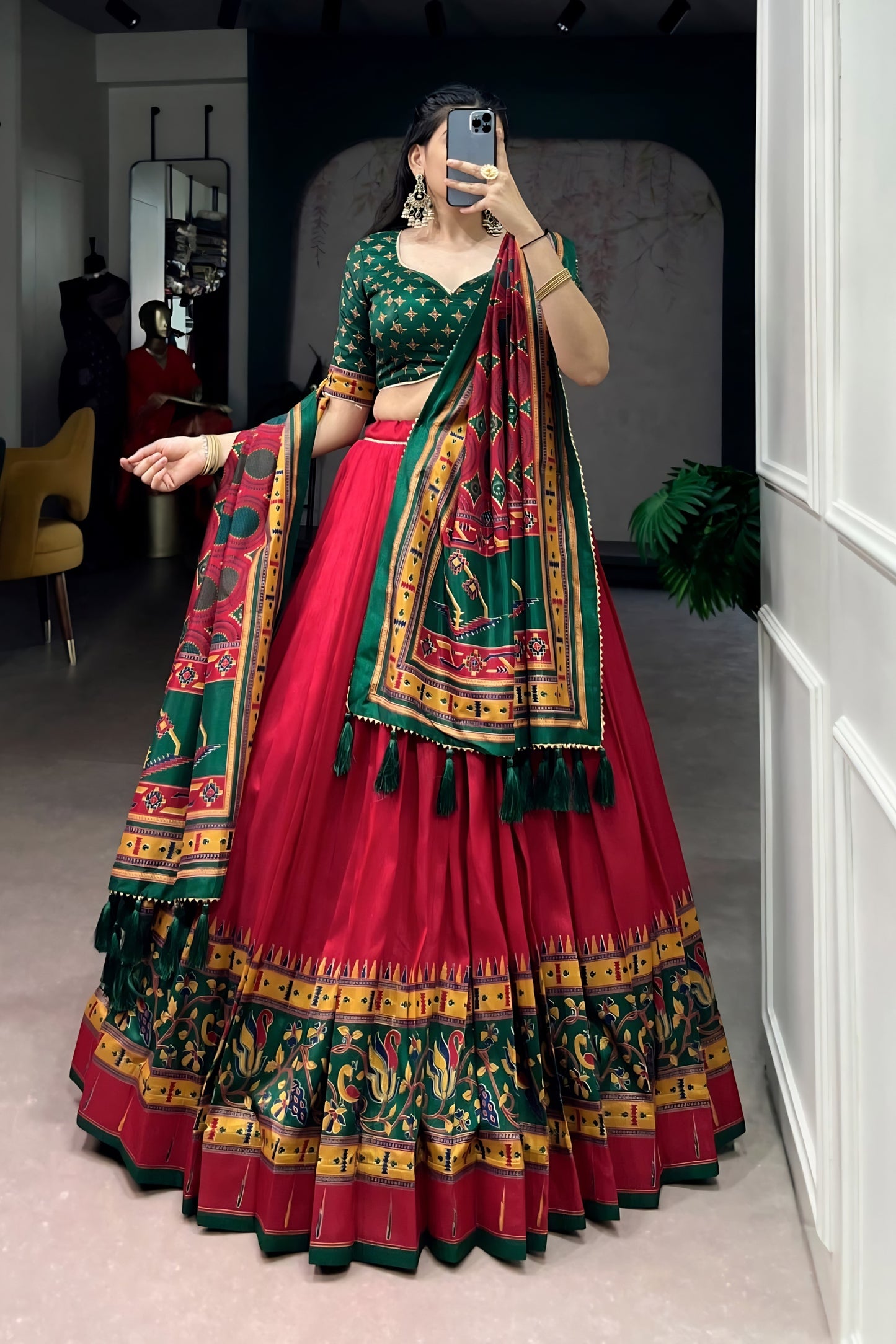 Stunning Red and Green Tasar Silk Semi-Stitched Lehenga Choli with Printed Dupatta