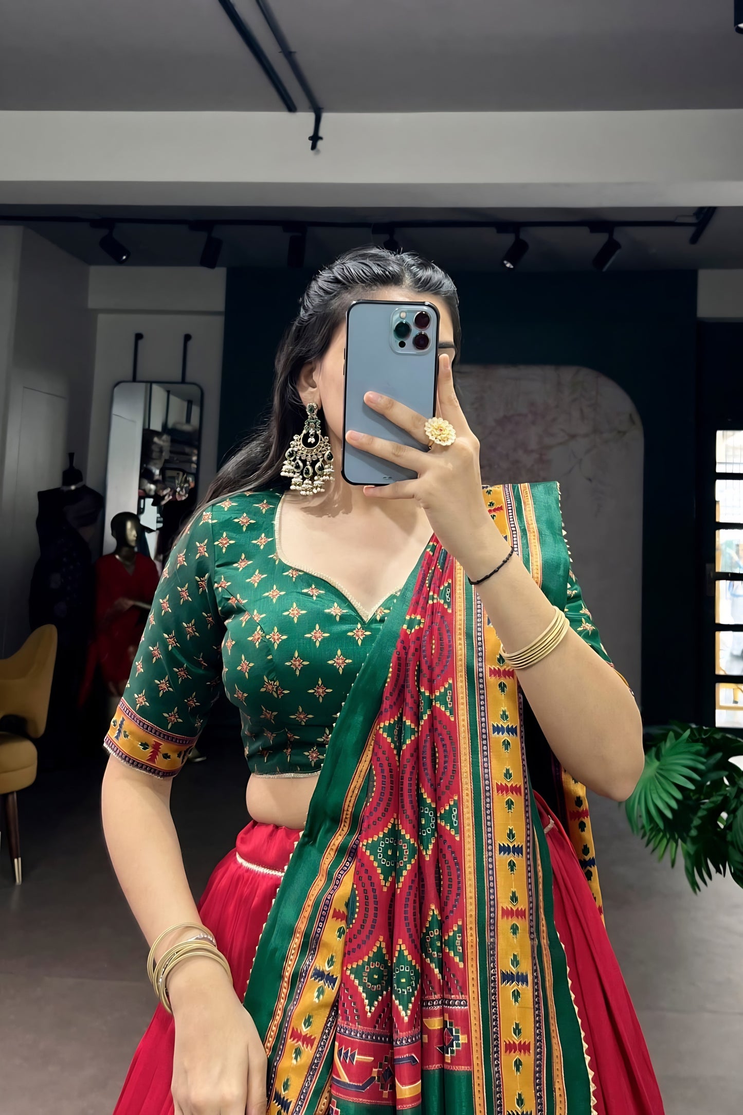 Stunning Red and Green Tasar Silk Semi-Stitched Lehenga Choli with Printed Dupatta