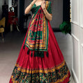 Stunning Red and Green Tasar Silk Semi-Stitched Lehenga Choli with Printed Dupatta