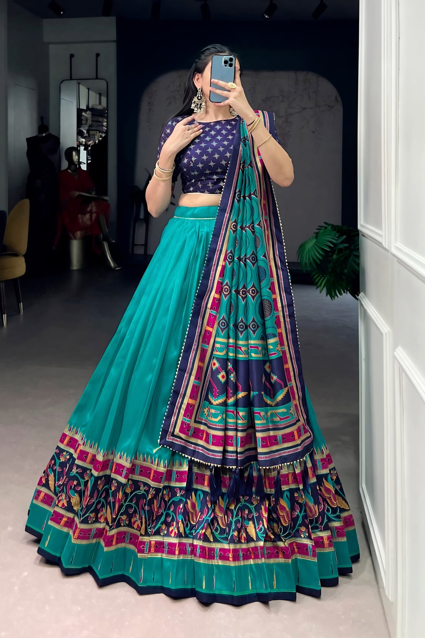 Elegant Teal Green and Purple Tasar Silk Semi-Stitched Lehenga Choli with Printed Dupatta