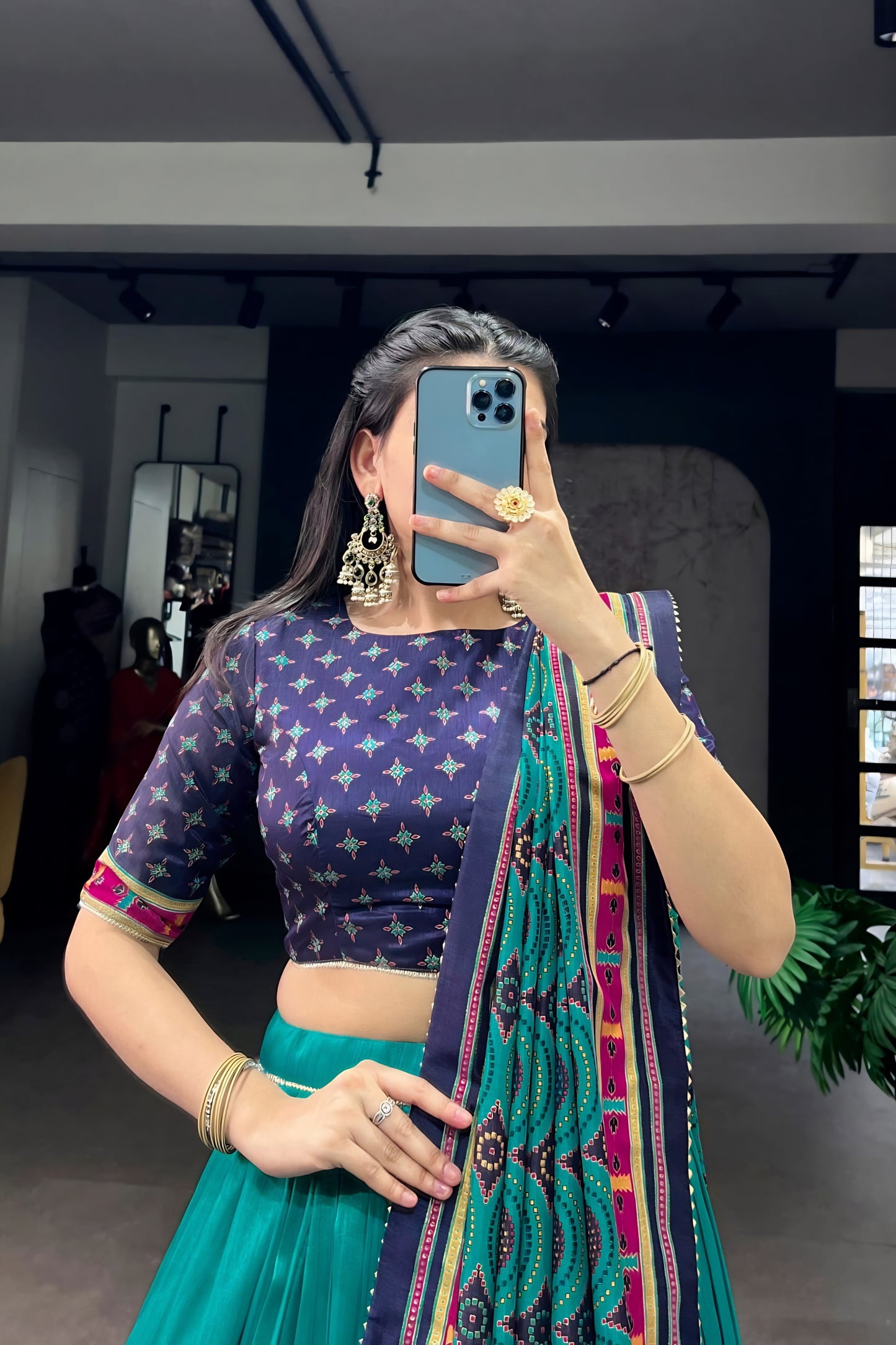 Elegant Teal Green and Purple Tasar Silk Semi-Stitched Lehenga Choli with Printed Dupatta