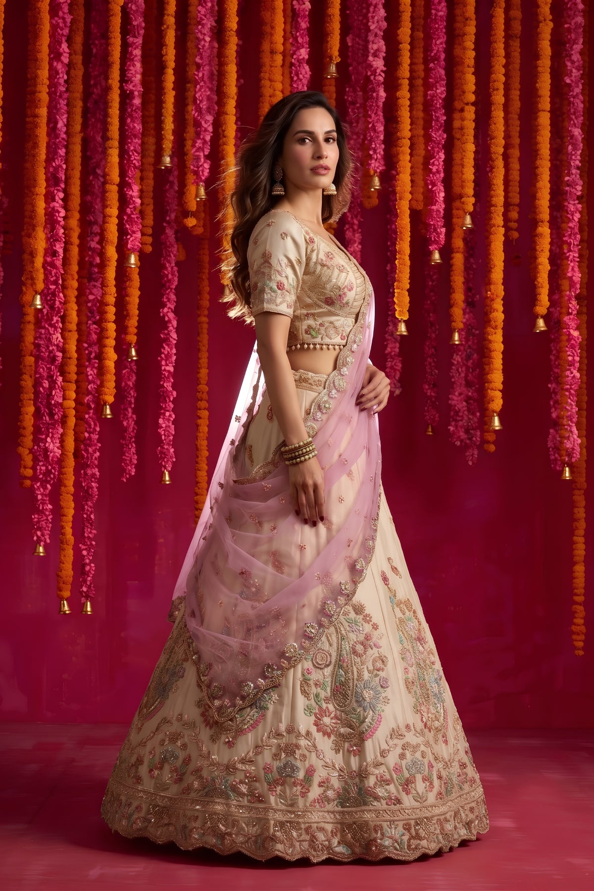 Elegant Cream Viscose Designer Lehenga Choli with Pink Dupatta and Beads Work for Women