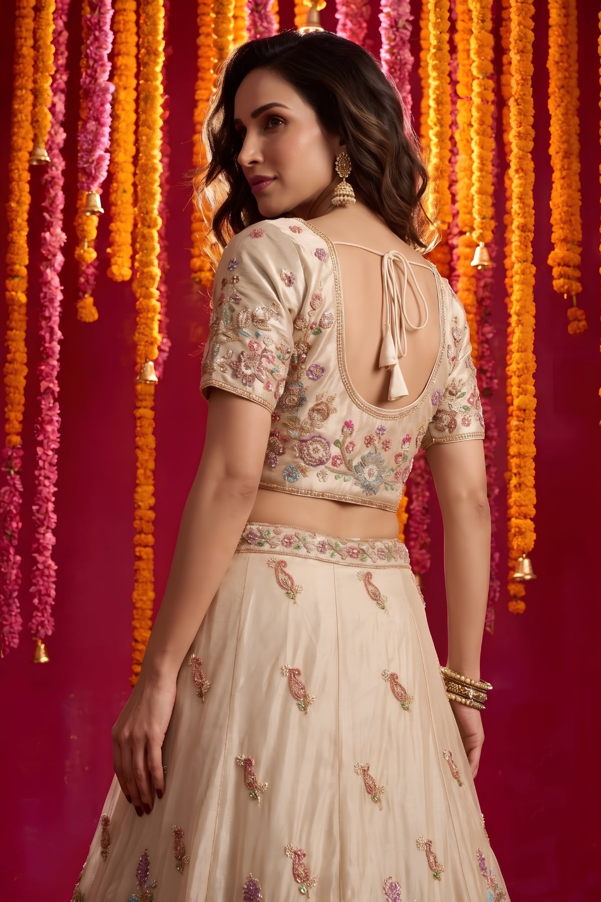 Elegant Cream Viscose Designer Lehenga Choli with Pink Dupatta and Beads Work for Women