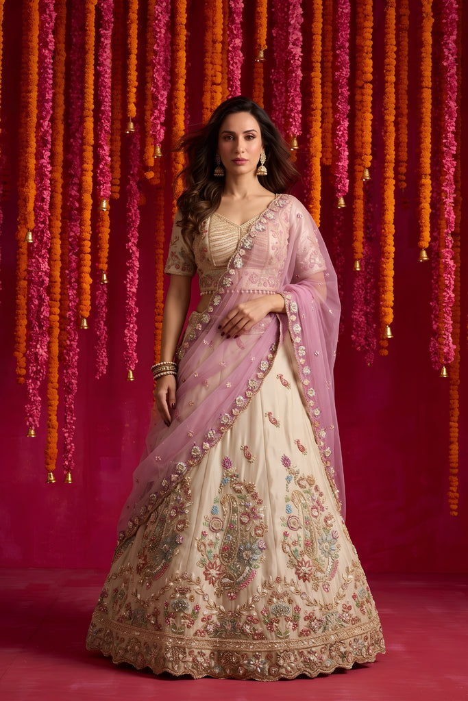 Elegant Cream Viscose Designer Lehenga Choli with Pink Dupatta and Beads Work for Women