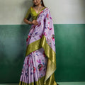 Luxury Lavender Pure Kanjivaram Tissue Silk Digital Printed Saree Zari Woven Border