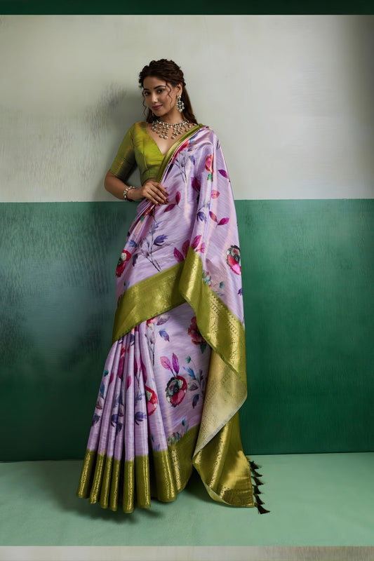 Luxury Lavender Pure Kanjivaram Tissue Silk Digital Printed Saree Zari Woven Border