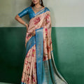 Premium Peach Pure Kanjivaram Tissue Silk Digital Printed Saree Zari Woven Border
