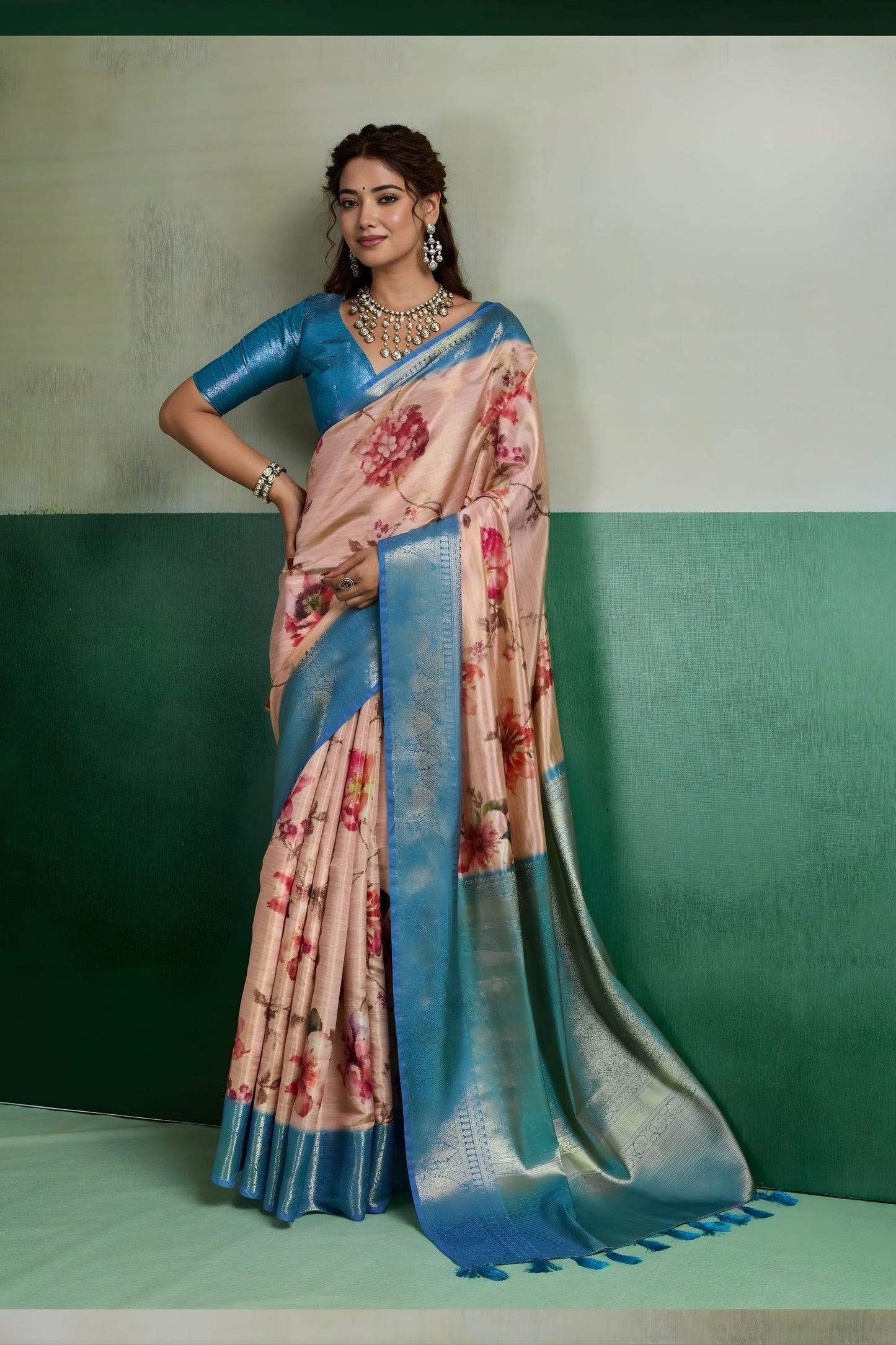 Premium Peach Pure Kanjivaram Tissue Silk Digital Printed Saree Zari Woven Border