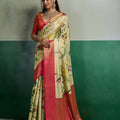 Premium Green Pure Kanjivaram Tissue Silk Digital Printed Saree Pink Zari Woven Border