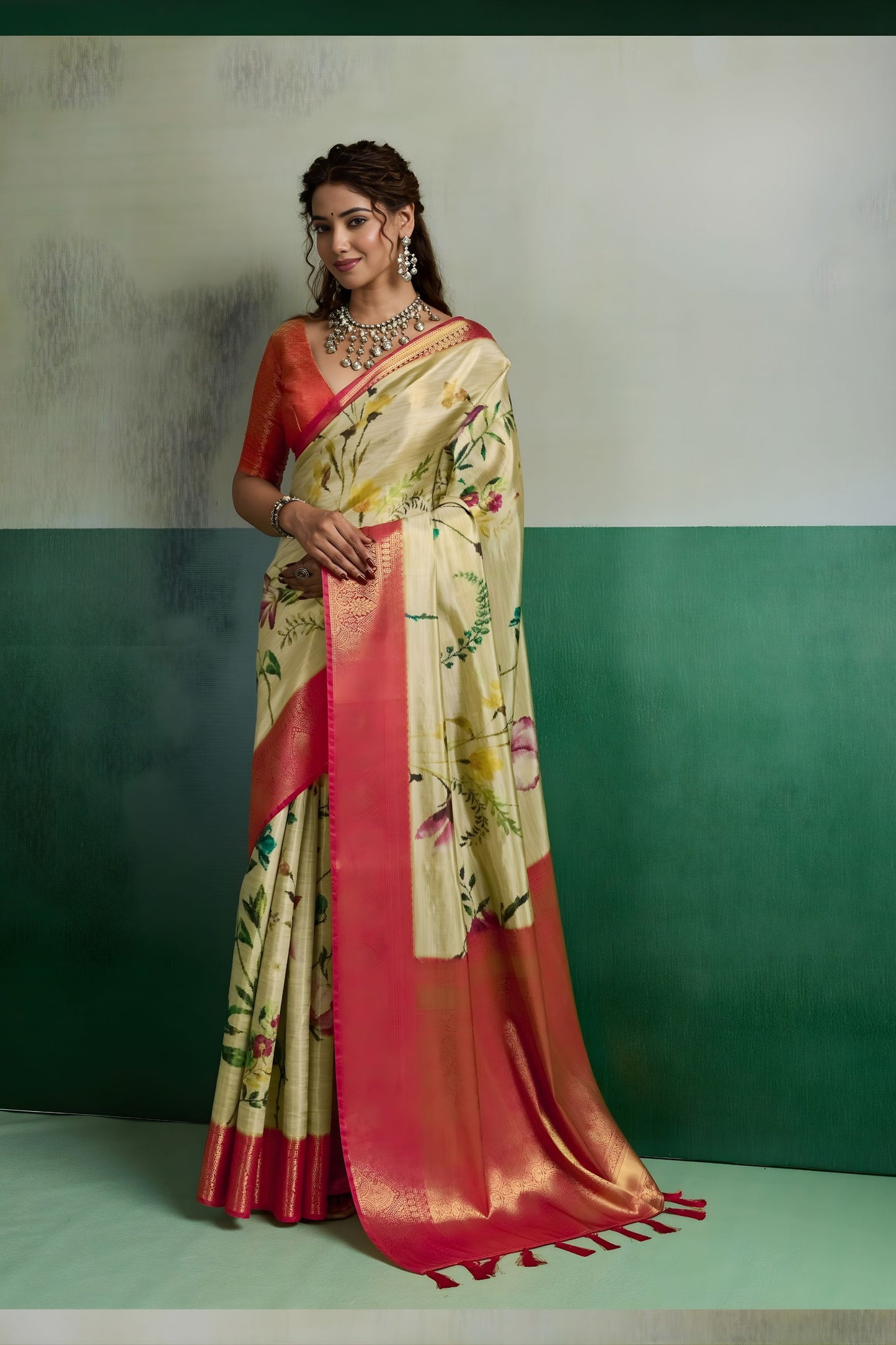 Premium Green Pure Kanjivaram Tissue Silk Digital Printed Saree Pink Zari Woven Border