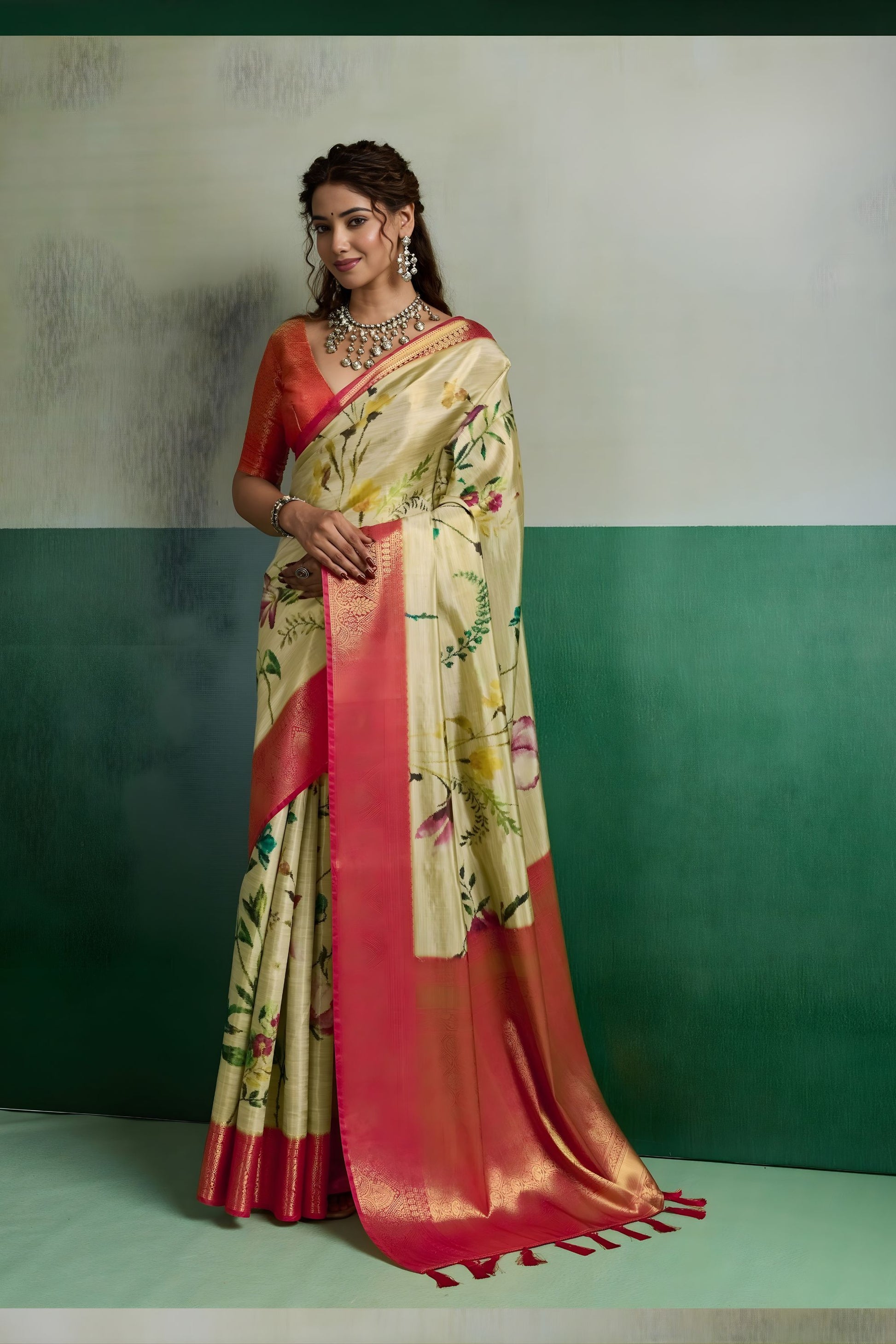 Premium Green Pure Kanjivaram Tissue Silk Digital Printed Saree Pink Zari Woven Border