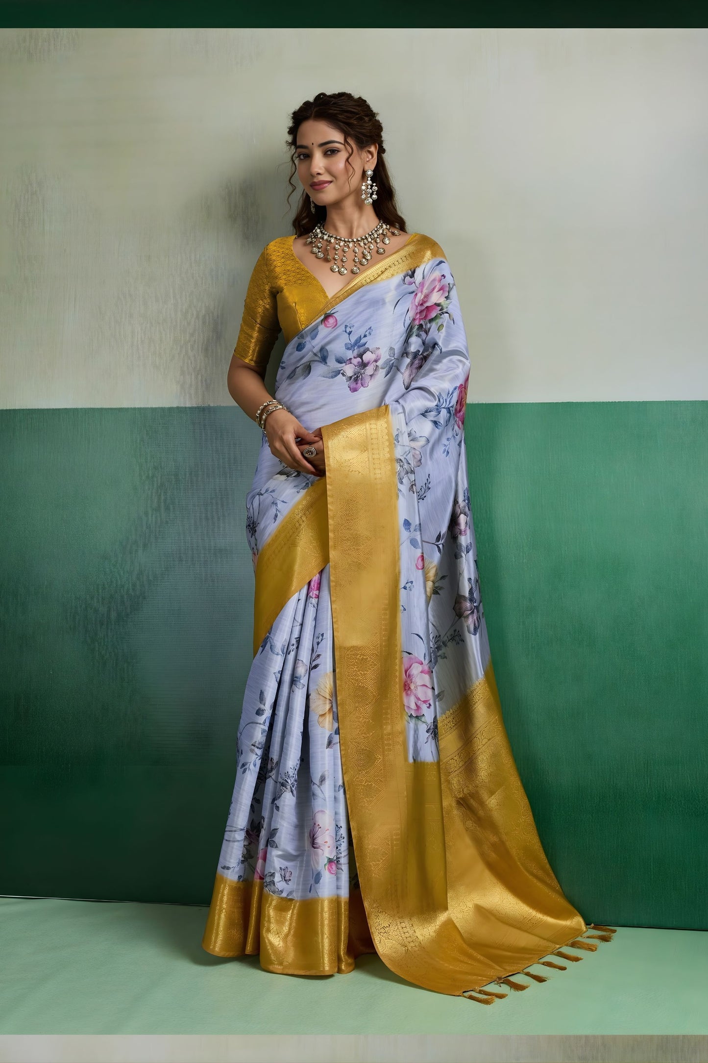 Elegant Sky Blue Pure Kanjivaram Tissue Silk Digital Printed Saree Zari Woven Border