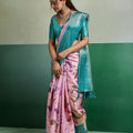 Beautiful Pink Pure Kanjivaram Tissue Silk Digital Printed Saree Zari Woven Border      