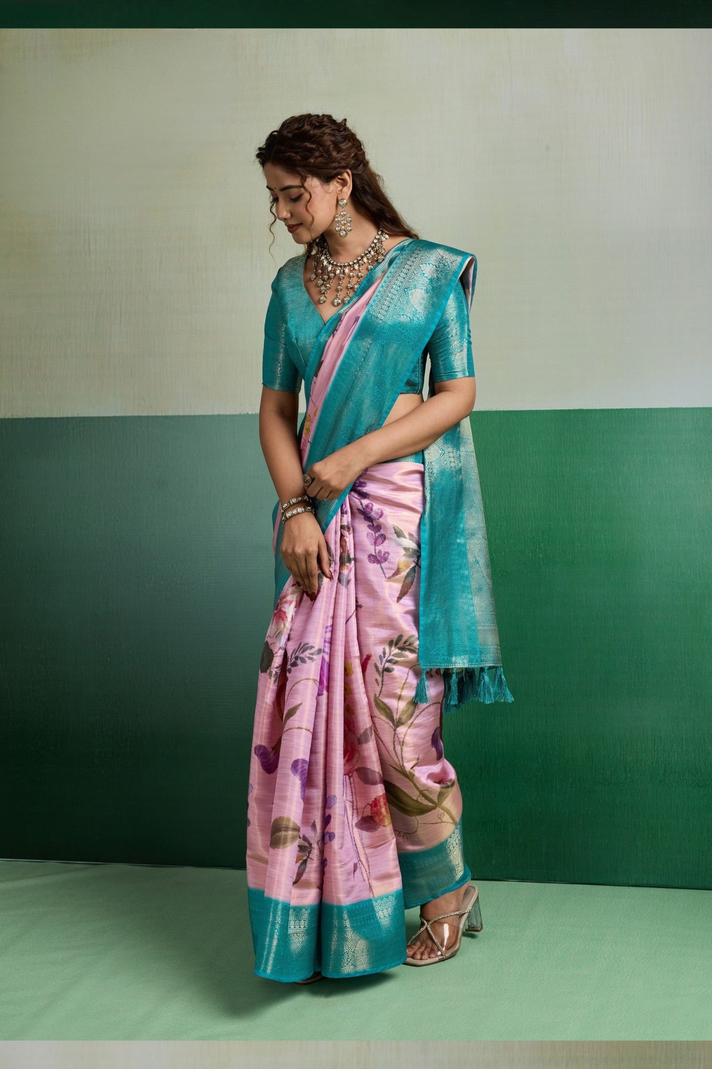 Beautiful Pink Pure Kanjivaram Tissue Silk Digital Printed Saree Zari Woven Border      