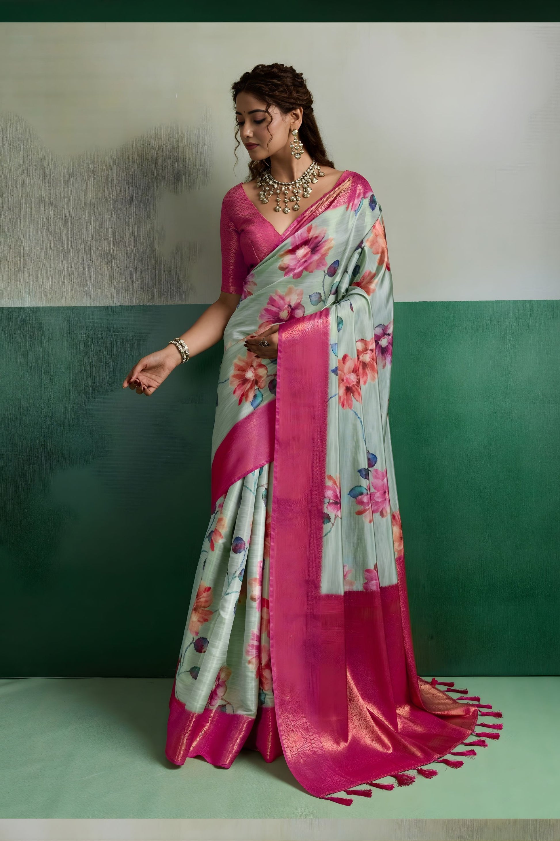 Elegant Mint Green Pure Kanjivaram Tissue Silk Digital Printed Saree Zari Woven Border