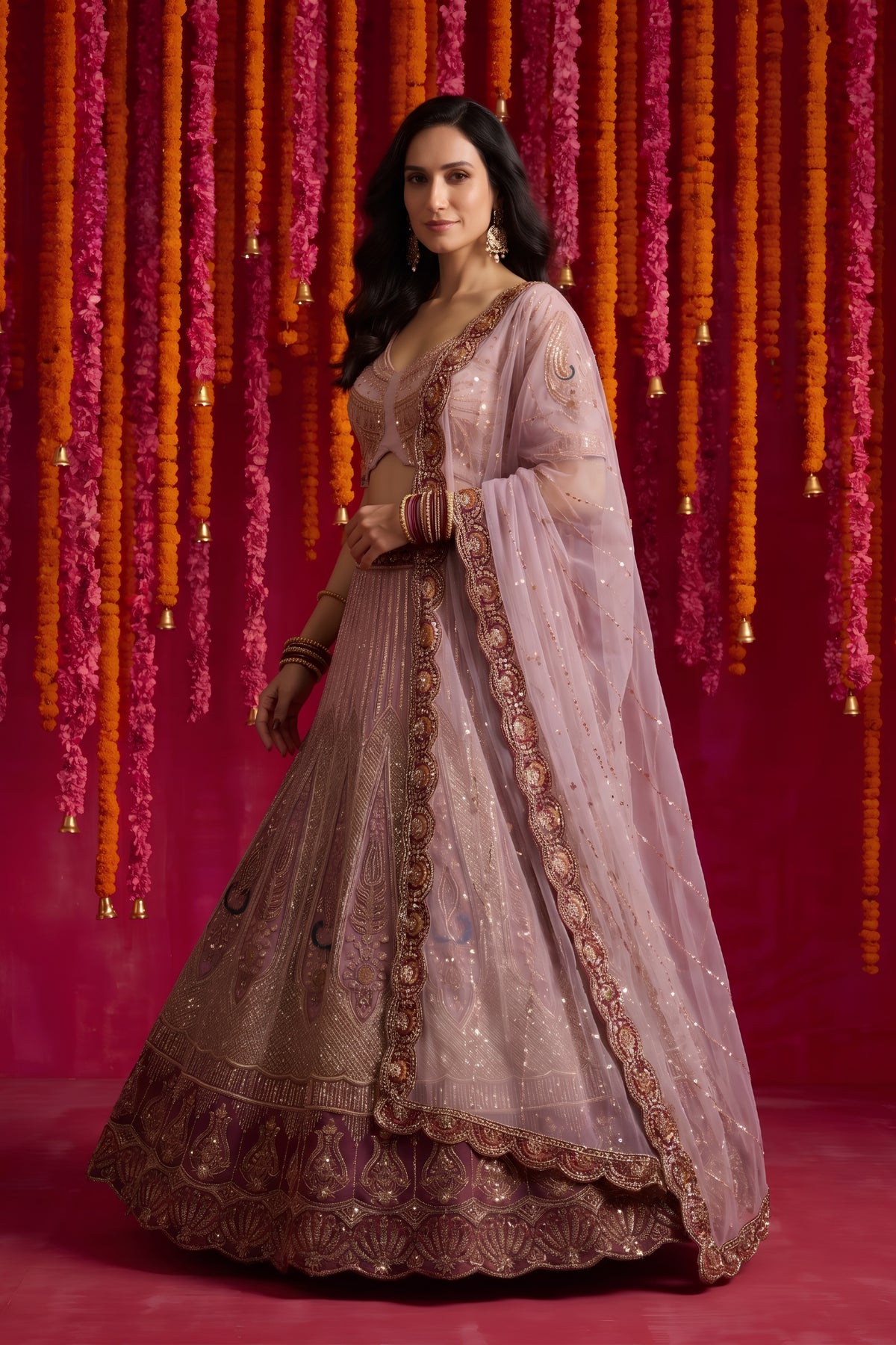 Mesmerizing Dusty Pink Net Designer Lehenga Choli with Beads Work and Dupatta for Women
