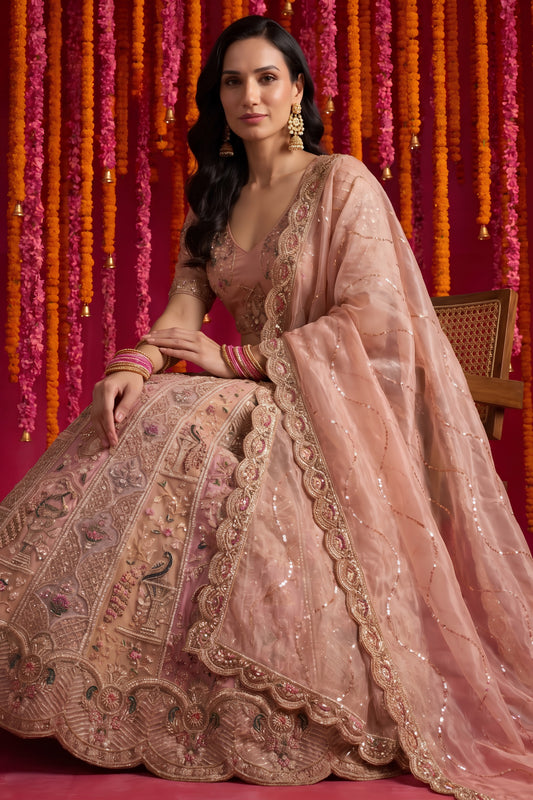 Stunning Peach Pink Organza Designer Lehenga Choli with Intricate Embroidery Work and Dupatta
