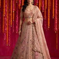 Stunning Peach Pink Organza Designer Lehenga Choli with Intricate Embroidery Work and Dupatta