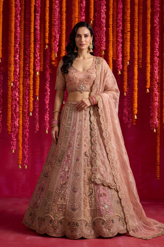 Stunning Peach Pink Organza Designer Lehenga Choli with Intricate Embroidery Work and Dupatta