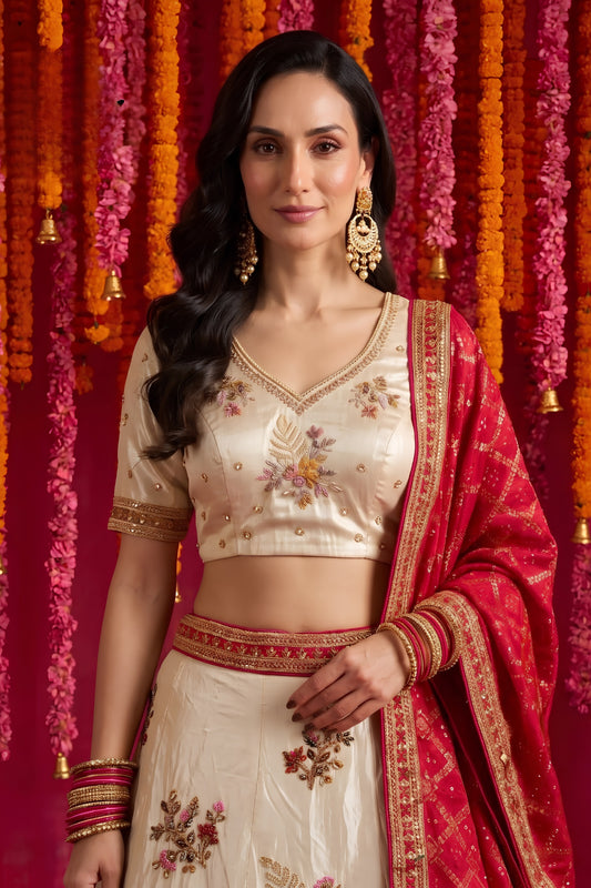 Radiant Cream Viscose Designer Lehenga Choli with Beads Work and Dupatta for Women