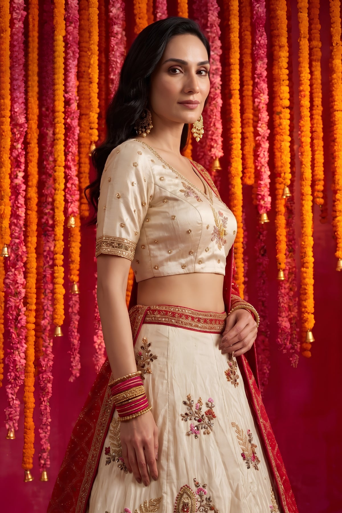 Radiant Cream Viscose Designer Lehenga Choli with Beads Work and Dupatta for Women
