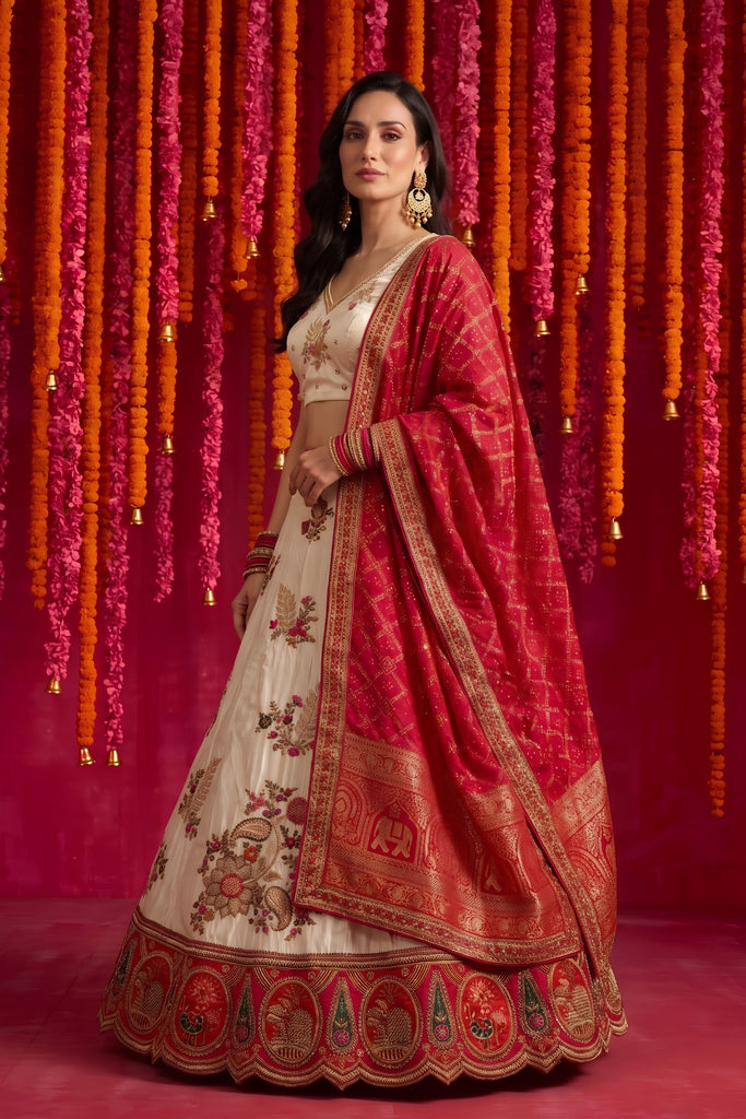 Radiant Cream Viscose Designer Lehenga Choli with Beads Work and Dupatta for Women