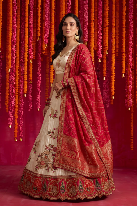 Radiant Cream Viscose Designer Lehenga Choli with Beads Work and Dupatta for Women