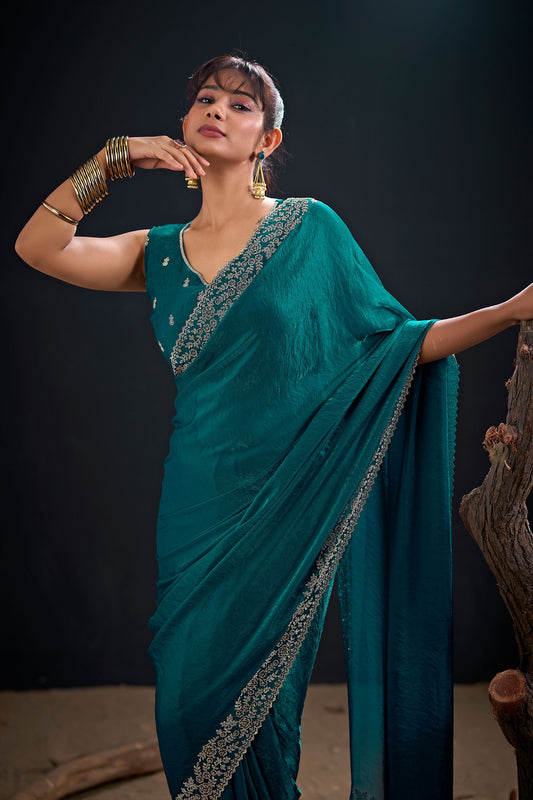 Teal Green Silk Saree with Embroidered Border Designer Saree