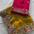 Mustard Yellow Tissue Silk Saree with Heavy Floral Embroidered Border