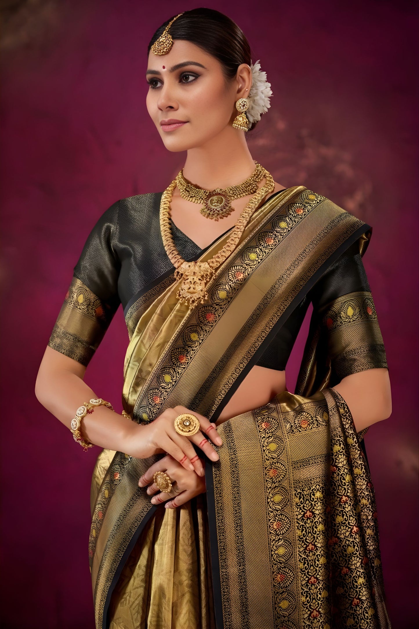 Classic Gold Black Kanjivaram Silk Saree with Rich Zari Border